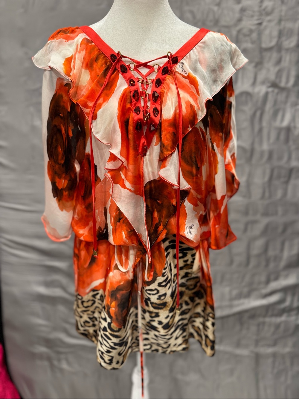 Women’s Red Floral Lace-Up Ruffle Top